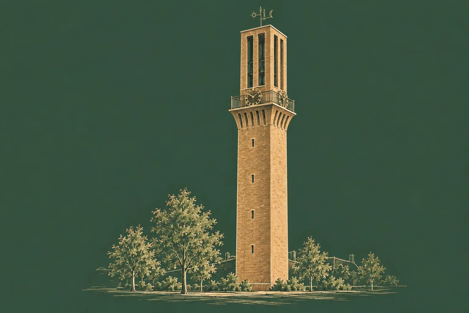 Illustration des Rathausturms von Hengelo in warmen Goldtönen