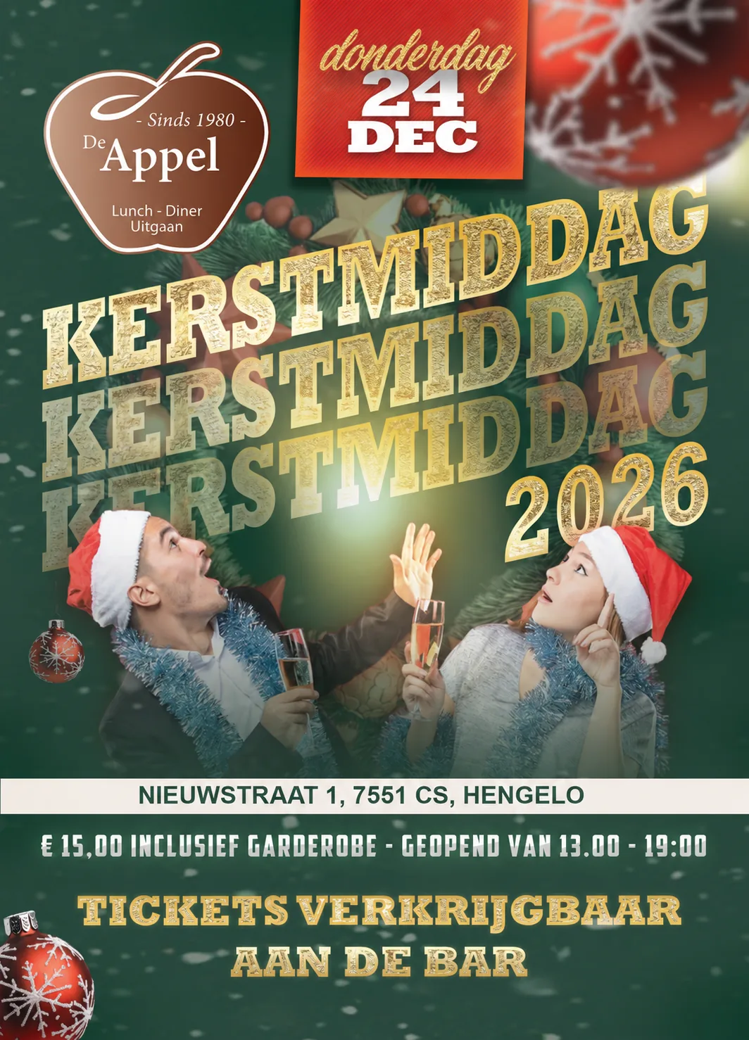 Poster kerstmiddag 2026 bij De Appel, donderdag 24 december, Nieuwstraat 1 in Hengelo